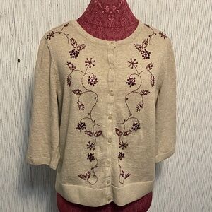 CJ Banks Tan Cardigan with Maroon Floral Design XL